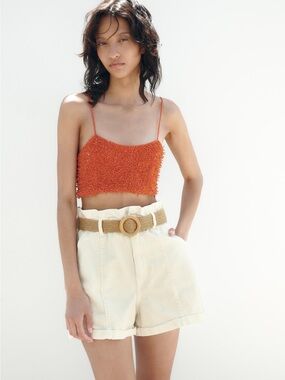 Zara Cream High-Waist Paperbag Shorts with Woven Belt